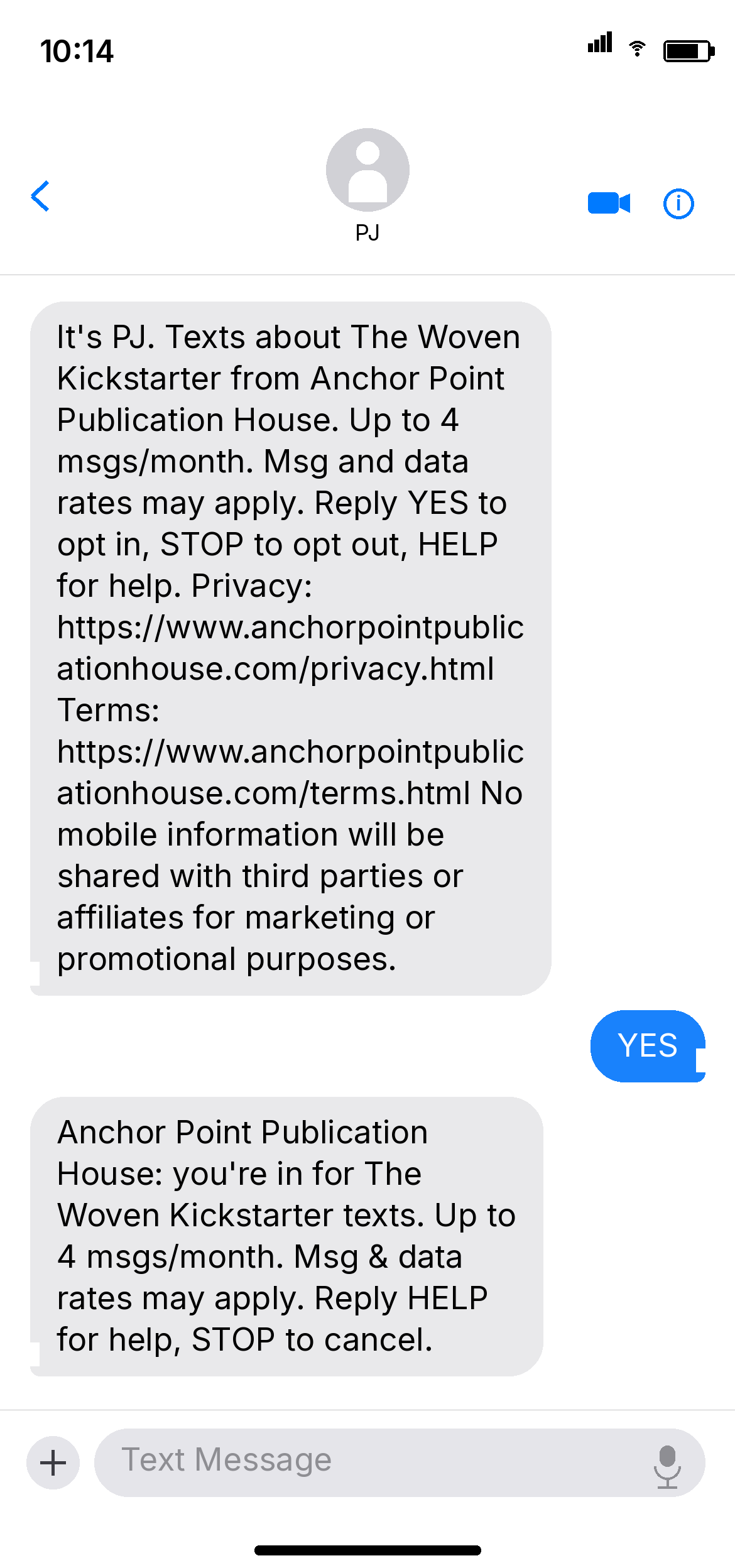Messages thread: outbound opt-in text from PJ, a YES reply, then the confirmation text.